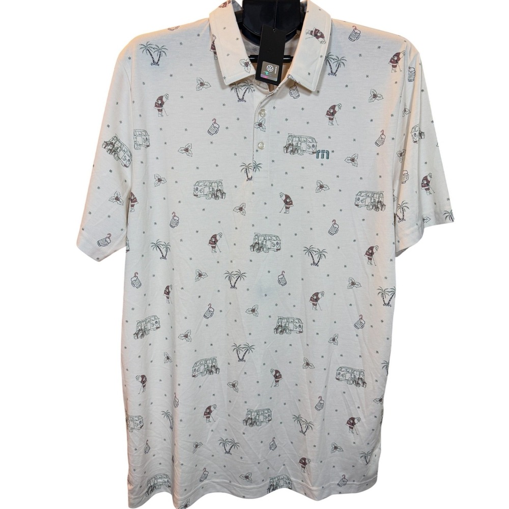 TravisMathew Cookie Swap VW Golf Polo Shirt Mens XL White Christmas Santa Bus